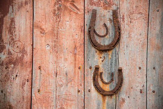 Old rusty horseshoes hang on a wooden door; Battle Harbour, Newfoundland and Labrador, Canada