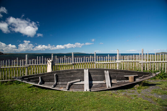 Replica of a Viking boat at Norstead, a re-created Viking village; L'Anse aux Meadows, Newfoundland and Labrador, Canada