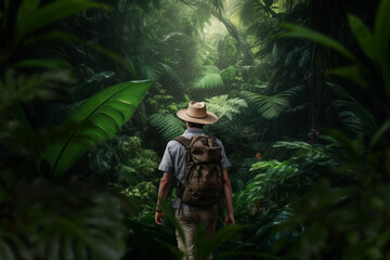 Fototapeta premium Backpacker walking through the rainforest. Generative AI