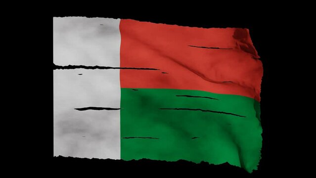 Torn, damaged, unattached flag of Madagascar with transparent background, seamless loop