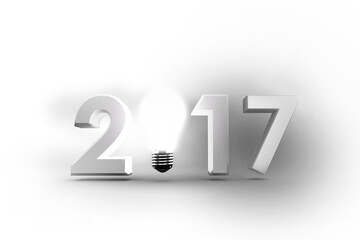 2017 with glowing light bulb over white background