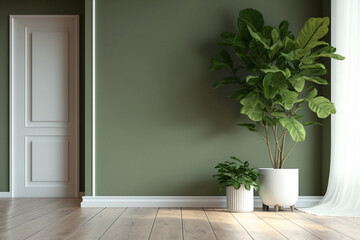 Luxury Interior Design: Sunlit Sage Green Wall Accompanied by a Lush Tropical Tree in a Modern White Pot, Resting on Wooden Parquet with Baseboard Accents. Generative AI