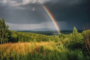 Fototapeta na wymiar Rainbow over stormy sky. Rural landscape with rainbow over dark stormy sky in a countryside at summer day. created with Generative AI technology