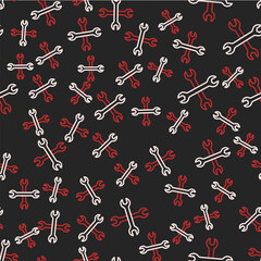 Line Wrench spanner icon isolated seamless pattern on black background. Spanner repair tool. Service tool symbol. Vector