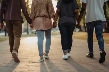 A group of people with different skin tones holding hands and walking together.
