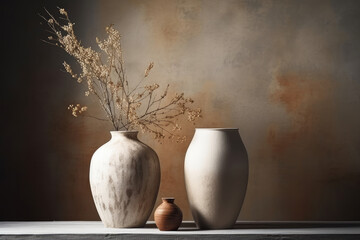 Ceramic vases with dry plants over rustic wall on wooden table. AI generative
