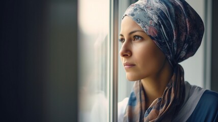 After treatment, a cancer patient woman wears a head scarf, hospital, Generative AI - obrazy, fototapety, plakaty