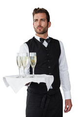 Handsome waiter holding tray of champagne 