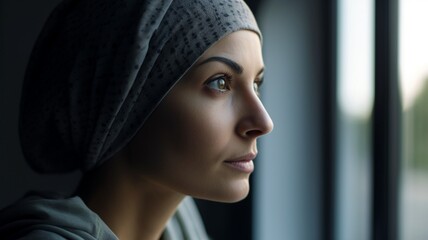 After treatment, a cancer patient woman wears a head scarf, hospital, Generative AI - obrazy, fototapety, plakaty