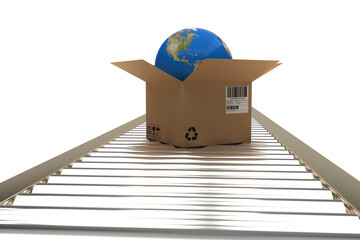 Box with globe on 3D conveyor belt