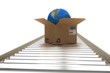 Box with globe on 3D conveyor belt