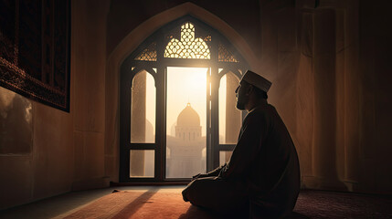 Tranquil Moments: Muslim Man Sitting in Quiet Mosque Admiring Stunning Dawn View Created Using Generative Ai