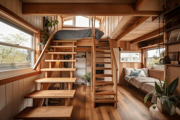 Tiny house interior with natural wooden decor. Generative AI illustration - obrazy, fototapety, plakaty