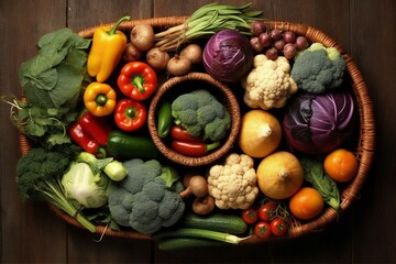 Healthy vegan food on the table. Green fresh organic vegetables. Ingredients for healthy foods selection. Generative AI