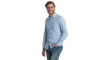 Portrait of a smart young man standing against transparent background
