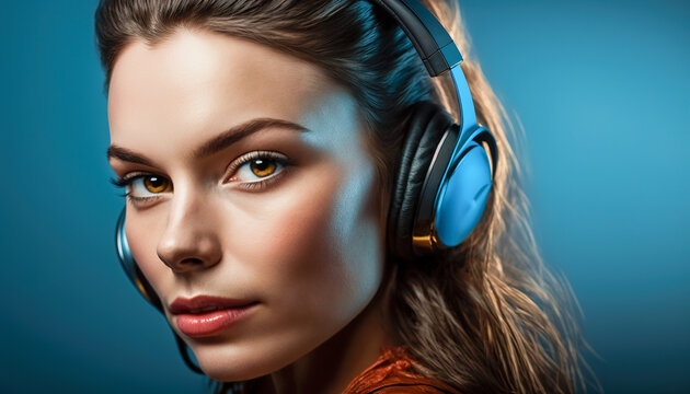 pretty woman with headphones on dark studio background