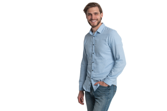 Portrait of a smart young man standing against transparent background