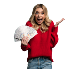 Enthusiastic modern woman winning money, got cash, celebrating and shouting of joy, standing against transparent background