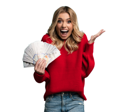 Enthusiastic modern woman winning money, got cash, celebrating and shouting of joy, standing against transparent background
