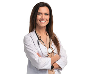 Photo of attractive family doc lady patients consultation friendly smiling clinic arms crossed wear white lab coat stethoscope isolated transparent background - 592005122