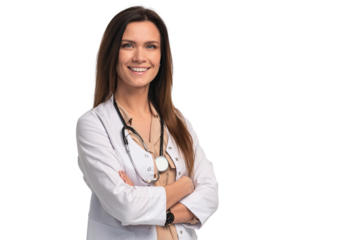 Photo of attractive family doc lady patients consultation friendly smiling clinic arms crossed wear white lab coat stethoscope isolated transparent background