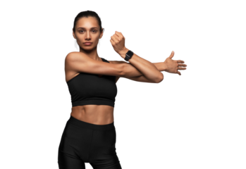 Fit woman standing against transparent background. Attractive woman in white sportswear taking break from workout