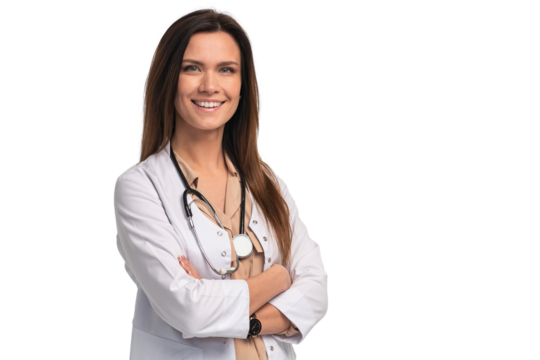 Photo of attractive family doc lady patients consultation friendly smiling clinic arms crossed wear white lab coat stethoscope isolated transparent background