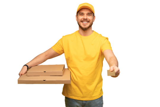 Portrait of young delivery man in yellow uniform with pizza boxes isolated over transparent background
