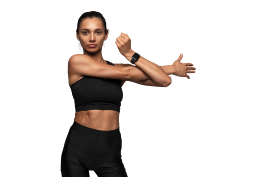 Fit woman standing against transparent background. Attractive woman in white sportswear taking break from workout