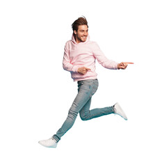 Full size photo of young happy excited smiling positive man jumping isolated on transparent background