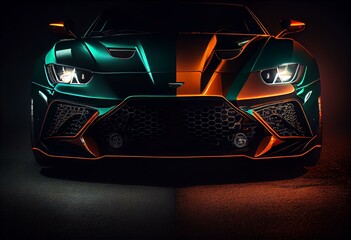 Plakat green and orange LED headlights sports car on black background free space at center. Generative AI