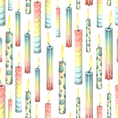 Multi-colored festive candles with fire, for a cake, birthday, holiday on a white background. Watercolor illustration, hand drawn. Seamless pattern for fabric, wallpaper, packaging, wrapping paper