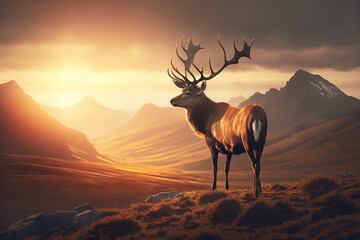 A red deer buck with impressive antlers standing proudly on a hilltop at sunset. Generative AI