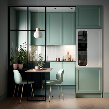 Modern Sage Green Kitchen And Dining Room. Generative AI