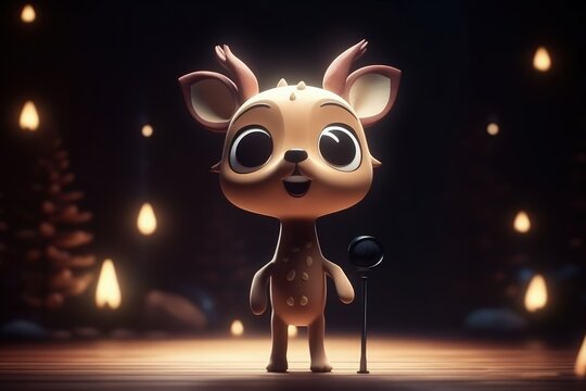 Cute Cartoon Deer With Very Big Eyes Singing Stage A Grand Stage With A Spotlight Shining A Solo Character. Generative AI