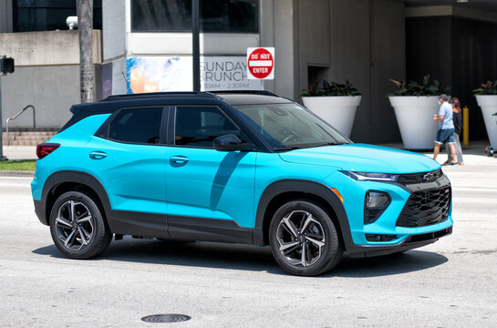Miami Beach, Florida USA - April 15, 2021: blue chevrolet trailblazer RS suv vehicle, side view