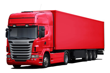 A modern European truck with a cab and semi-trailer in full red. Front side view isolated on white background.