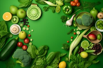 Fototapeta na wymiar Healthy vegan food on the green background. Green fresh organic vegetables concept. Ingredients for healthy foods selection. Generative AI