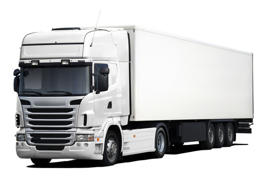 A modern European truck with a cab and semi-trailer in full white. Front side view isolated on white background.
