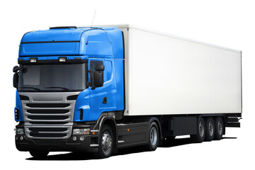 A modern European truck with a light blue cab, black plastic bumper and a full white semi-trailer. Front side view isolated on white background.