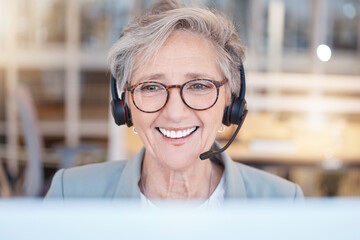 Telemarketing, consultant and senior woman with smile, customer service and call center in...