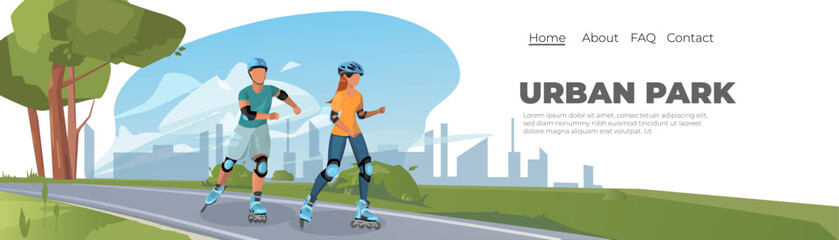 Couple rollerblading in city park. Concept cityscape background for landing page and banner design. 