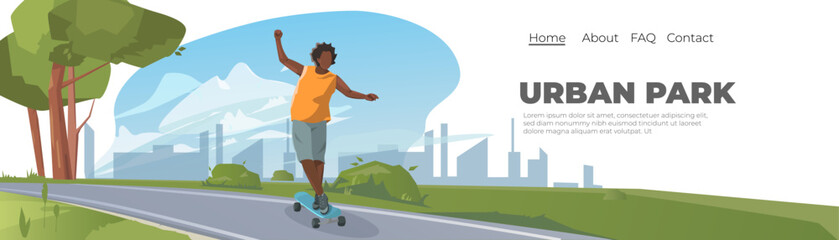 Skateboarding Outdoors Activity.  Concept cityscape background for landing page and banner design. 