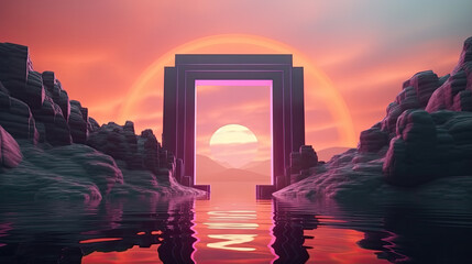 Surreal rock gate in the ocean at twilight. Generative AI