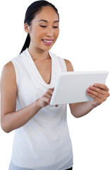 Happy young businesswoman using digital tablet