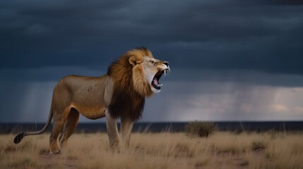 Fototapeta na wymiar a lion with its mouth open standing in a field with a dark sky in the background and storm clouds in the distance, with it's mouth open wide open wide open mouth. generative ai