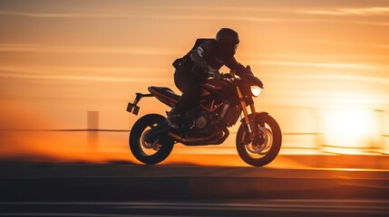 Fototapeta na wymiar a person riding a motorcycle on a road during the sun sets in the background with a blurry image of the sun setting behind the motorcycle. generative ai