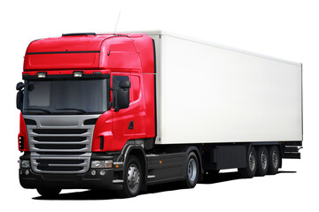 A modern European truck with a red cab, black plastic bumper and a full white semi-trailer. Front side view isolated on white background.
