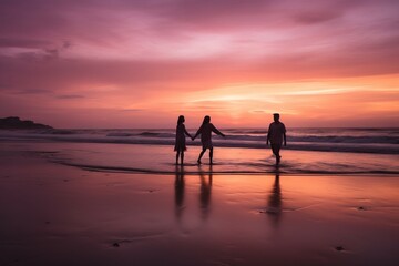 Fototapeta na wymiar three people holding hands on a beach at sunset with the sun setting in the background and the ocean in the foreground, with a pink and purple hued sky. generative ai