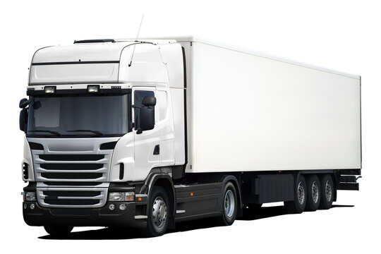 A modern European truck with a white cab, black plastic bumper and a full white semi-trailer. Front side view isolated on white background.